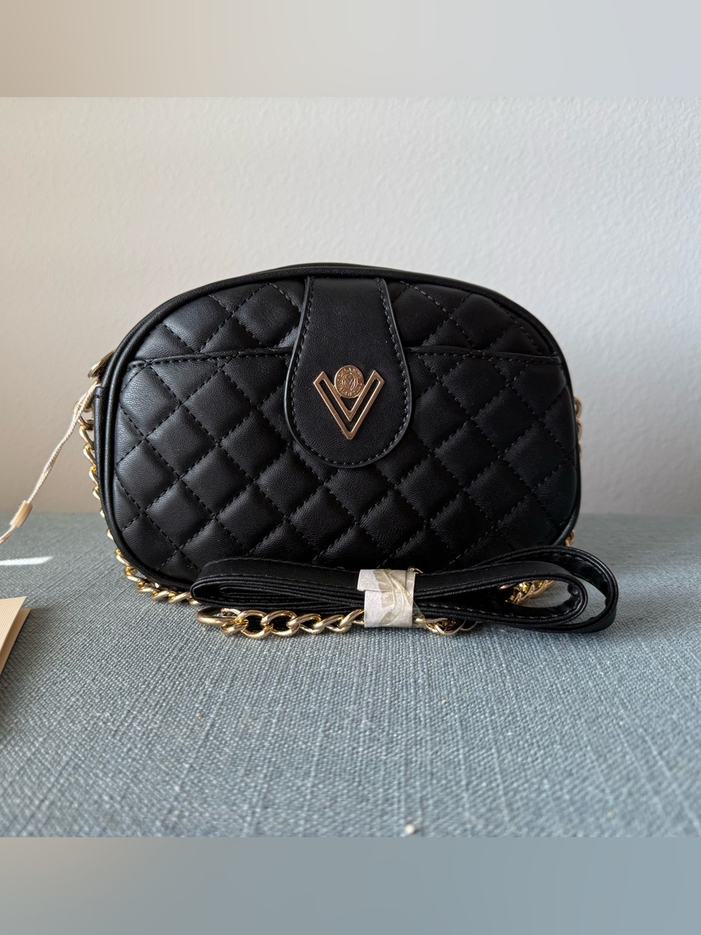 NWT Valentino O Quilted Black Crossbody Bag with Gold Accent